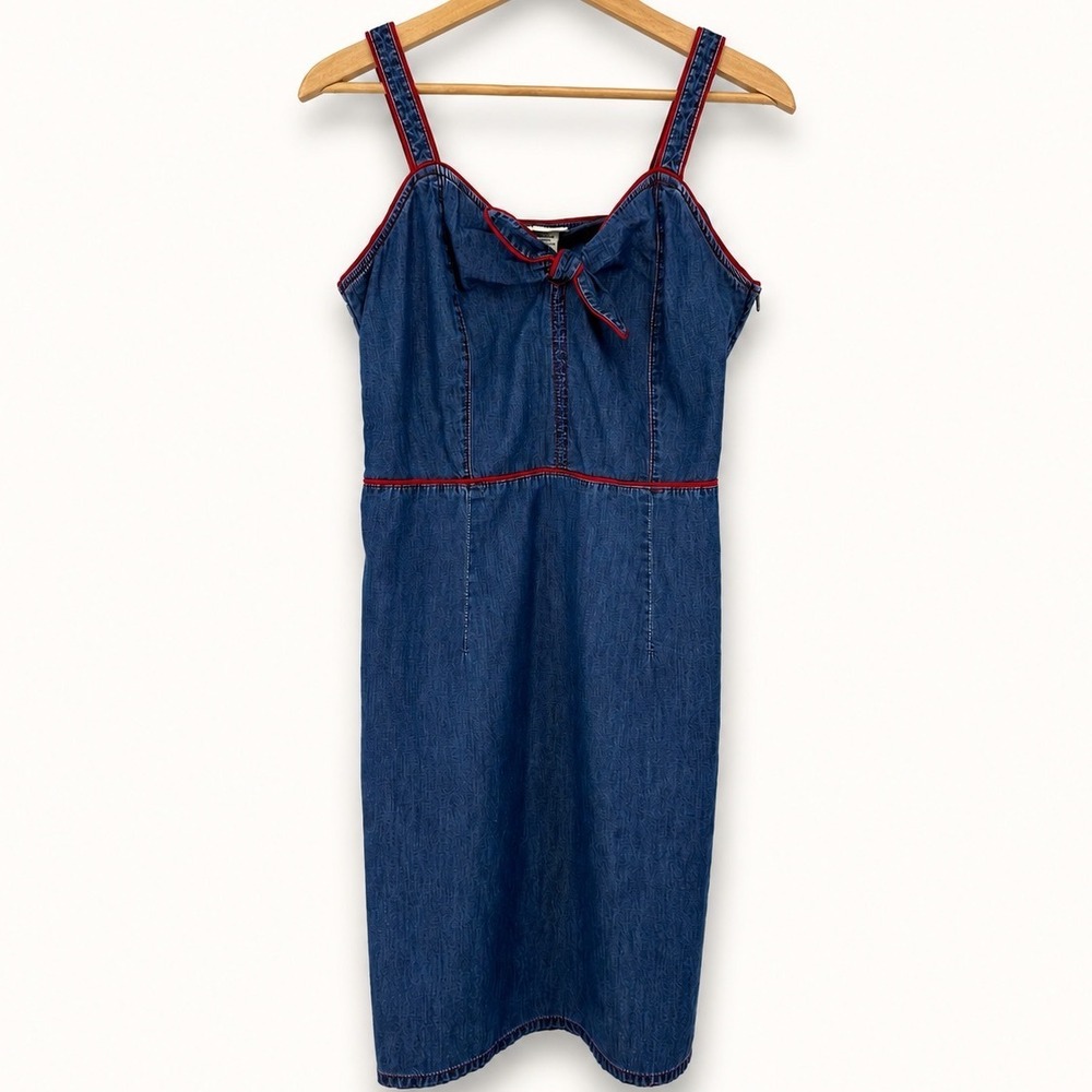 Y2K‎ Faded Glory Women 10 Denim Dress Blue Red Trim Bow Tie Front Americana USA